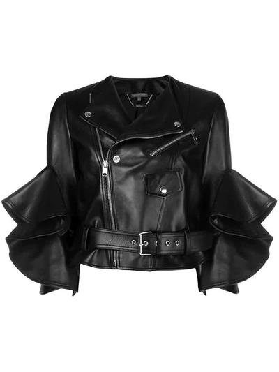 Alexander Mcqueen Ruffled Cropped Leather Jacket In Black