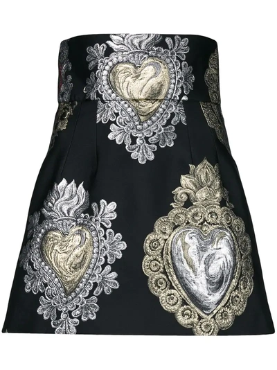 Dolce & Gabbana Heart-jacquard High-waist Mini Skirt In Black