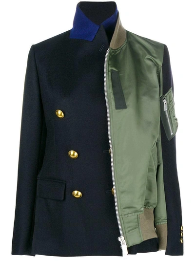 Sacai Paneled Wool-crepe And Shell Jacket In Navy/green