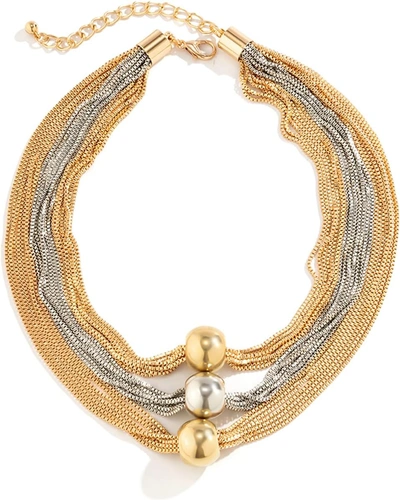 Liv Oliver 18k Tri Color Gold Multi Link Layer Statement Necklace