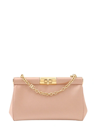 Dolce & Gabbana Satin Shoulder Bag With Engraved Logo In Neutrals