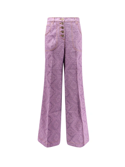 Etro Stretch Cotton Trosuer With Paisley Motif In Purple