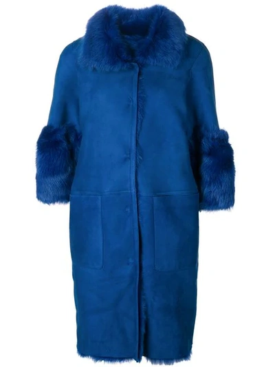Desa Collection Fur Trimmed Coat In Blue