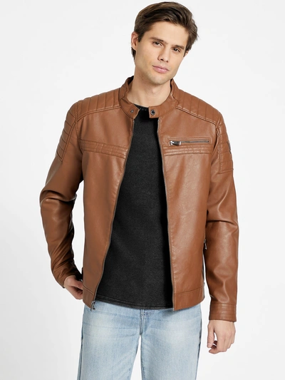 Guess Factory River Washed Faux-leather Moto Jacket In Beige