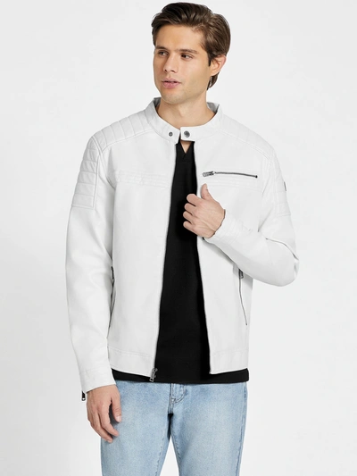 Guess Factory River Washed Faux-leather Moto Jacket In White
