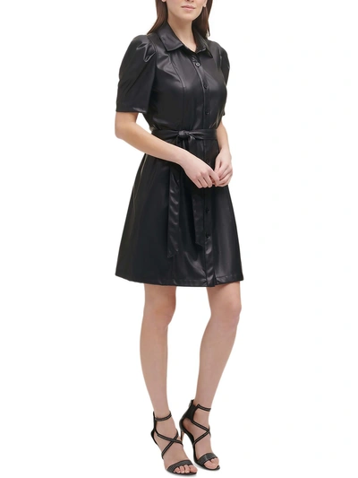 Dkny Petites Womens Faux Leather Belted Shirtdress In Black