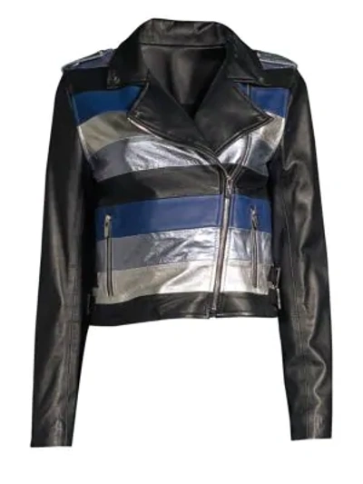 The Mighty Company Stripe Leather Moto Jacket In Black Blue