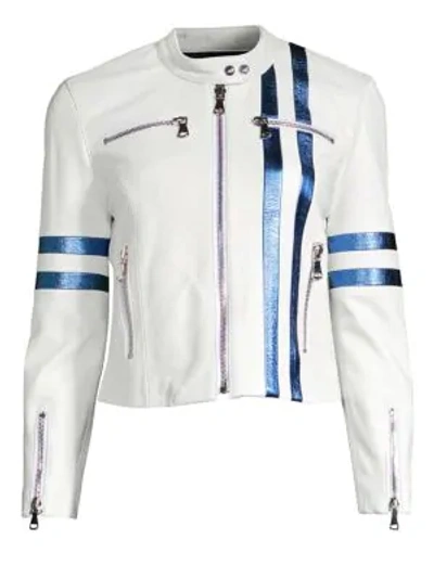 The Mighty Company Racing Stripe Leather Jacket In White Blue
