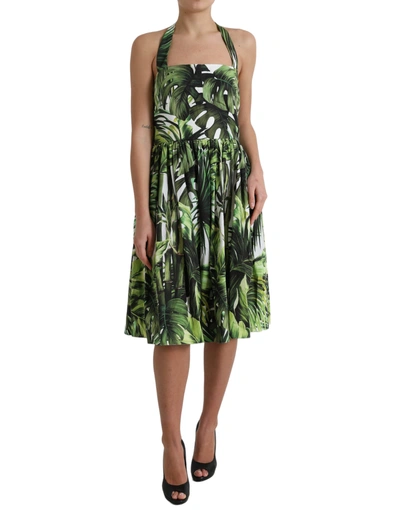 Dolce & Gabbana Green Leaf Print Cotton Halter Midi Dress