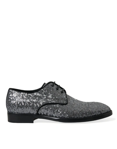 Dolce & Gabbana Silver Sequined Lace Up Men Derby Dress Men's Shoes In Black | Silver