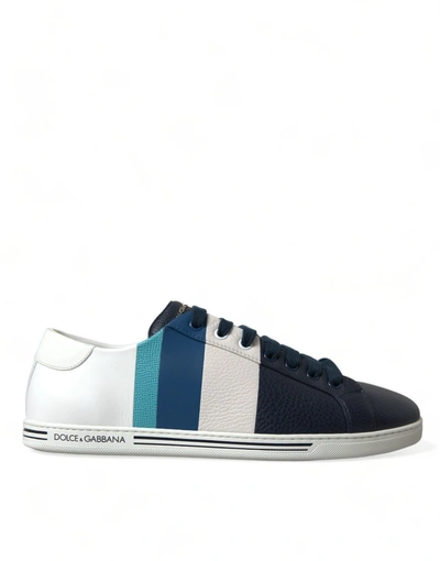 Dolce & Gabbana White Blue Leather Low Top Sneakers Shoes In Blue And White