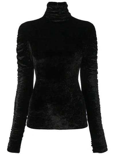 Josie Natori Mock-neck Ruched Long-sleeve Velvet Top In Black