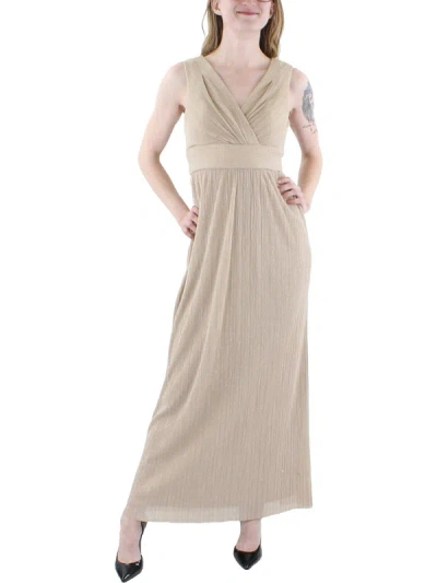 R & M Richards Petites Womens Crinkled Glitter Evening Dress In Beige