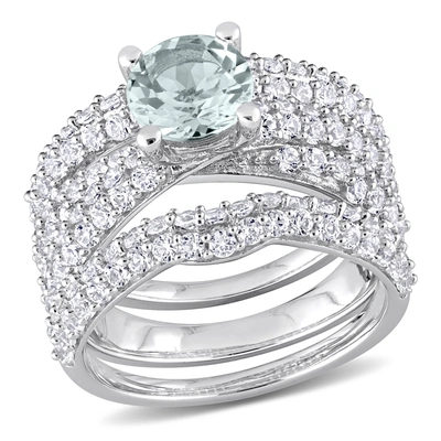 Mimi & Max 3 3/4ct Tgw Aquamarine Created White Sapphire Bridal Ring Set In Sterling Silver