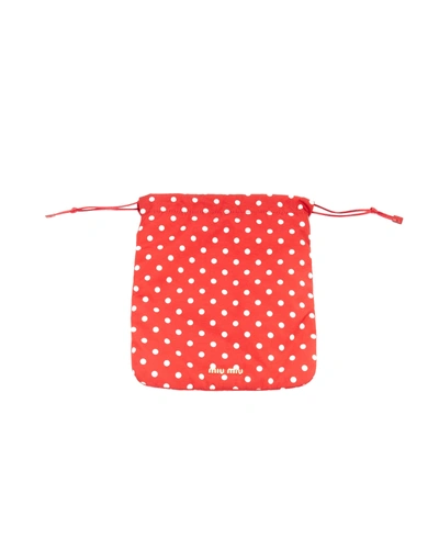 Miu Miu Red White Polka Dot Fully Lined Fabric Drawstring Pouch Bag In Pink