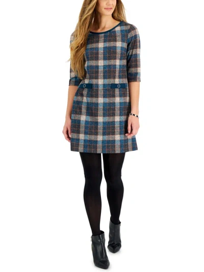 Connected Apparel Petites Womens Plaid Short Shift Dress In Multi