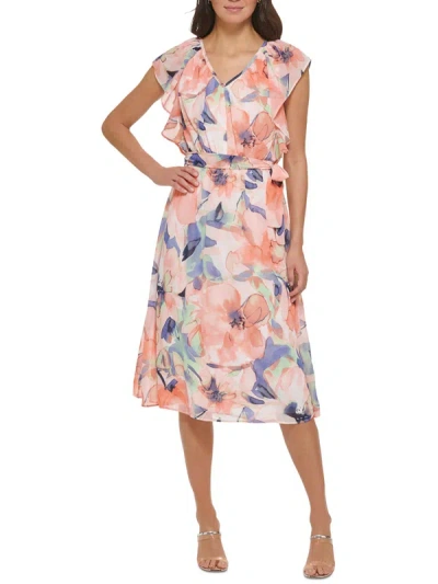 Dkny Womens Floral Print V Neck Midi Dress In Multi