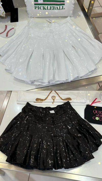 Queen Of Sparkles Sequin Pleat Skort In Black In White