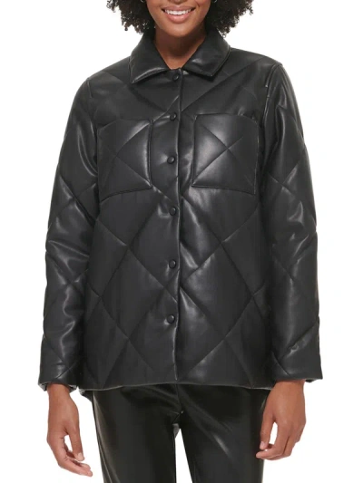 Calvin Klein Womens Faux Leather Warm Quilted Coat In Black