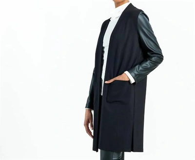 Clara Sunwoo Ponte + Liquid Leather Sleeve Cardigan In Black In Blue