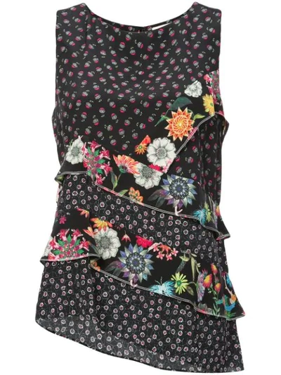 Nicole Miller Floral Ruffle Tank Top - Black