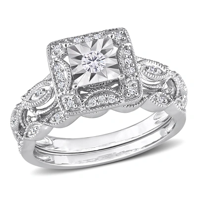 Mimi & Max 1/5ct Tdw Diamond Square Halo Bridal Ring Set In Sterling Silver