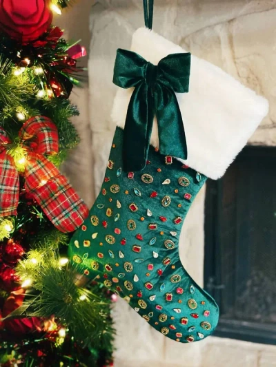 Brianna Cannon Bejeweled Velvet Christmas Stocking With Bow In Green