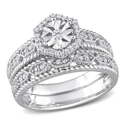 Mimi & Max 1/4ct Tdw Diamond Hexagon Halo Bridal Ring Set In Sterling Silver