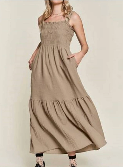 J.nna Smocked Tuffle Sleeveless Midi Dress In Taupe In Beige