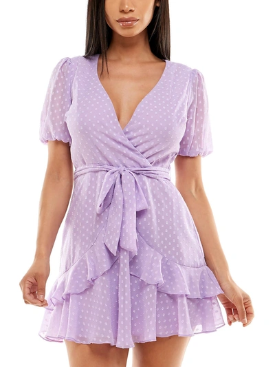 B Darlin Juniors Womens Ruffled Plunge-neck Fit & Flare Dress In Purple