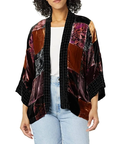 Johnny Was Patchwork Velvet Cropped Kimono In Multi In Red