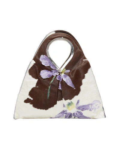 Versace Gianni  1999 Runway Handpainted Purple Floral Brown Cow Print Horsehair Bag In Multi