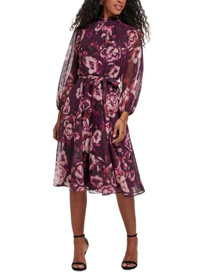 Jessica Howard Petites Womens Chiffon Floral Fit & Flare Dress In Purple
