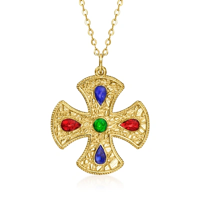 Ross-simons Italian Multicolored Enamel Cross Pendant Necklace In 14kt Yellow Gold In Blue