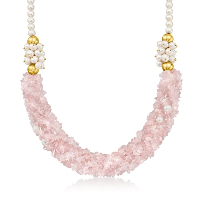 Ross-simons Rose Quartz Bead Necklace With 4.5-5.5mm Cultured Pearls In 18kt Gold Over Sterling In Pink