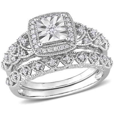 Mimi & Max 1/3ct Tdw Diamond Square Halo Bridal Ring Set In Sterling Silver