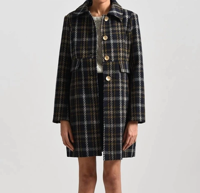 Molly Bracken Plaid Coat In Navy And Mustard In Grey