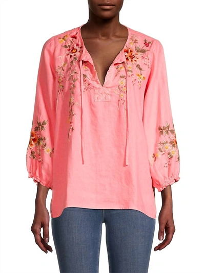 Johnny Was Acacia Linen Split Neckline Top In Coral Sunset In Pink