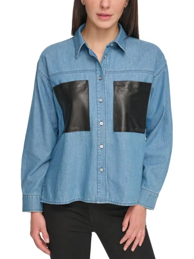 Dkny Jeans Womens Faux Leather Pockets Long Sleeves Button-down Top In Blue