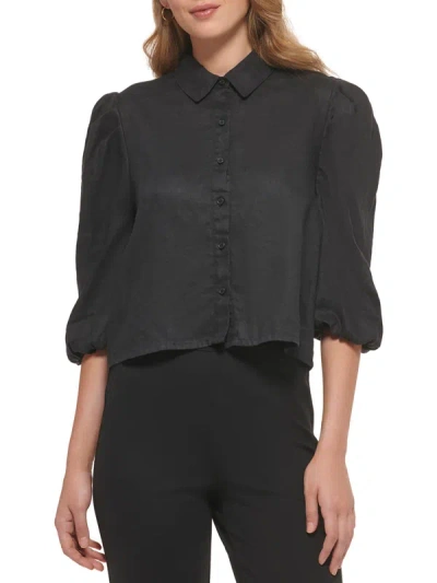 Dkny Womens Linen Cropped Button-down Top In Black