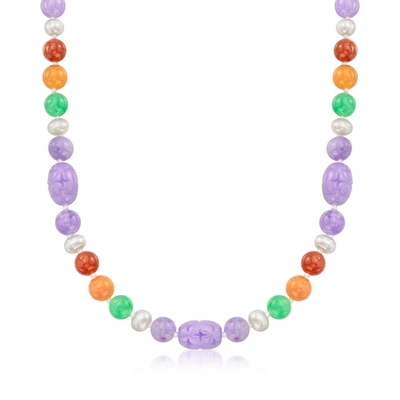 Ross-simons Multicolored Jade And 6-6.5mm Cultured Pearl Necklace With 14kt Yellow Gold In Pink