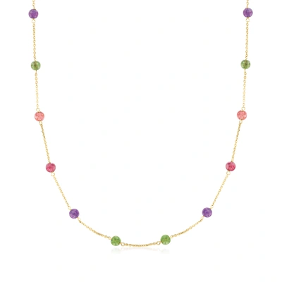 Ross-simons Italian Multicolored Tourmaline And Amethyst Bead Station Necklace In 18kt Yellow Gold In Pink