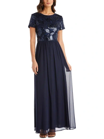 R & M Richards Womens Mesh Embellished Evening Dress In Blue