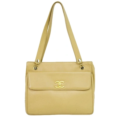 Pre-owned Chanel Logo Cc Leather Tote Bag () In Beige