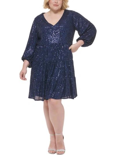 Eliza J Plus Womens Mesh Sequined Cocktail And Party Dress In Blue