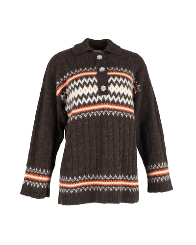 Ganni Knit Fair Isle Oversized Sweater In Brown Alpaca In Black