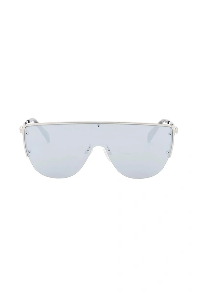 Alexander Mcqueen Sunglasses With Mirrored Lenses And Mask Style Frame In Silver