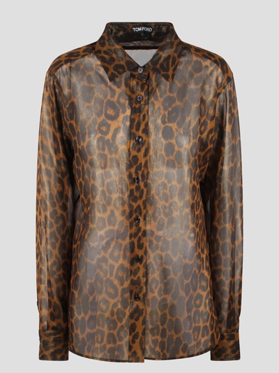 Tom Ford Laminated Leopard Printed Georgette Shirt In Brown