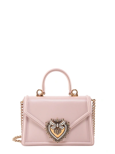 Dolce & Gabbana Leather Shoulder Bag With Frontal Cuore Sacro Detail In Pink
