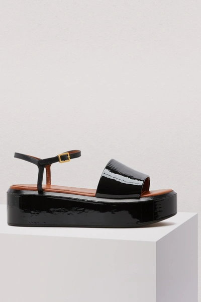 Celine Flatform Soft Patent Calfskin And Nappa Lambskin Sandals In Black